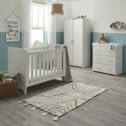 Babymore Caro 4-1 Cot Bed 4 Piece Nursery Set – White Wash