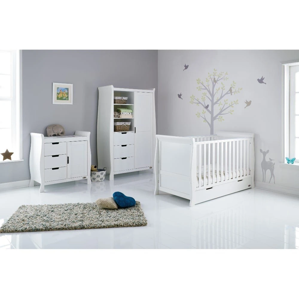 Obaby Stamford Classic Sleigh 4 Piece Room Set/Mattress – White 1 Obaby Stamford Classic Sleigh 4 Piece Room Set/Mattress – White