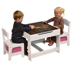 Liberty House Toys White Table And Chairs With Pink Bins -Kiddies Kingdom Store TF5412 W White table and chair set with pink bins Chalkboard and Children HR RGB WEB.jpg 1200x1200 1