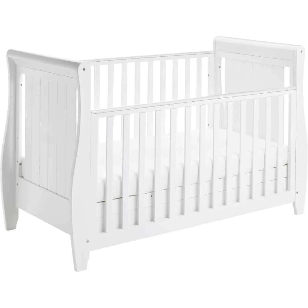 Babymore Stella Dropside Sleigh Cot Bed And Mattress Set – White 1 Babymore Stella Dropside Sleigh Cot Bed And Mattress Set – White