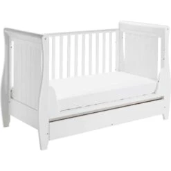 Babymore Stella Dropside Sleigh Cot Bed 3 Piece Nursery Room Set – White -Kiddies Kingdom Store babymore stella cot bed dropside sleigh 2 3