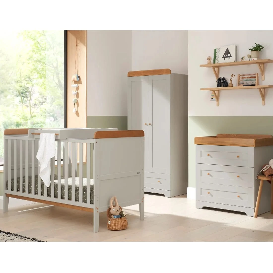 Tutti Bambini Rio 7 Piece Nursery Room Set With Shelves/Toy Box/Mattress – Dove Grey/Oak 1 Tutti Bambini Rio 7 Piece Nursery Room Set With Shelves/Toy Box/Mattress – Dove Grey/Oak