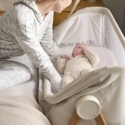 Mamas & Papas Lua Bedside Crib Fawn Bundle Oat And Spot -Kiddies Kingdom Store hryu6i8