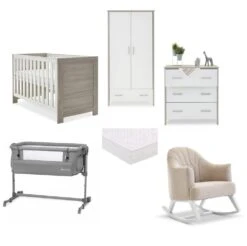 Obaby Nika Complete Nursery Room/Crib/Rocking Chair Bundle – Grey Wash/White