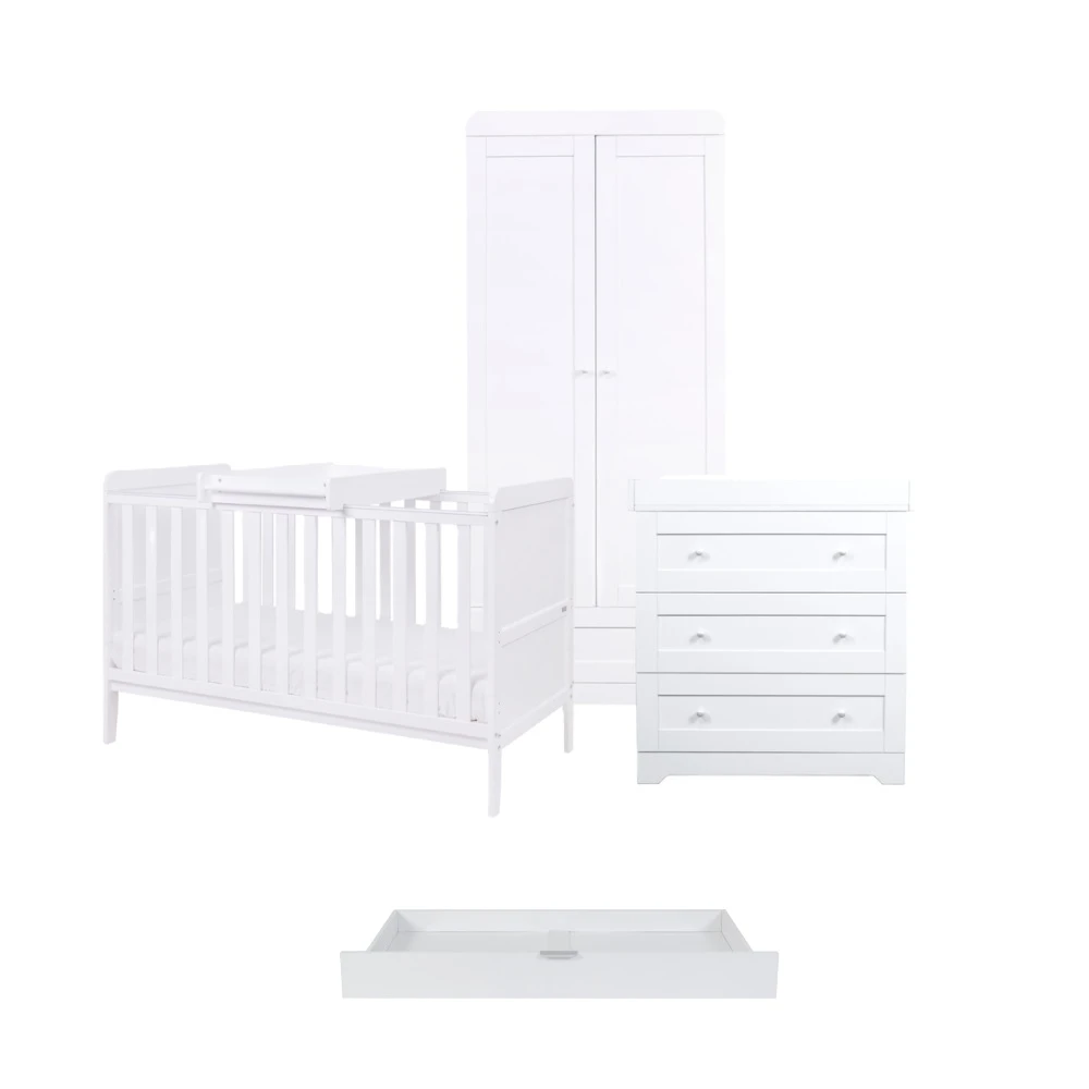 Tutti Bambini Rio 5 Piece Nursery Room Set/Underdrawer/Cot Top Changer – White 1 Tutti Bambini Rio 5 Piece Nursery Room Set/Underdrawer/Cot Top Changer – White